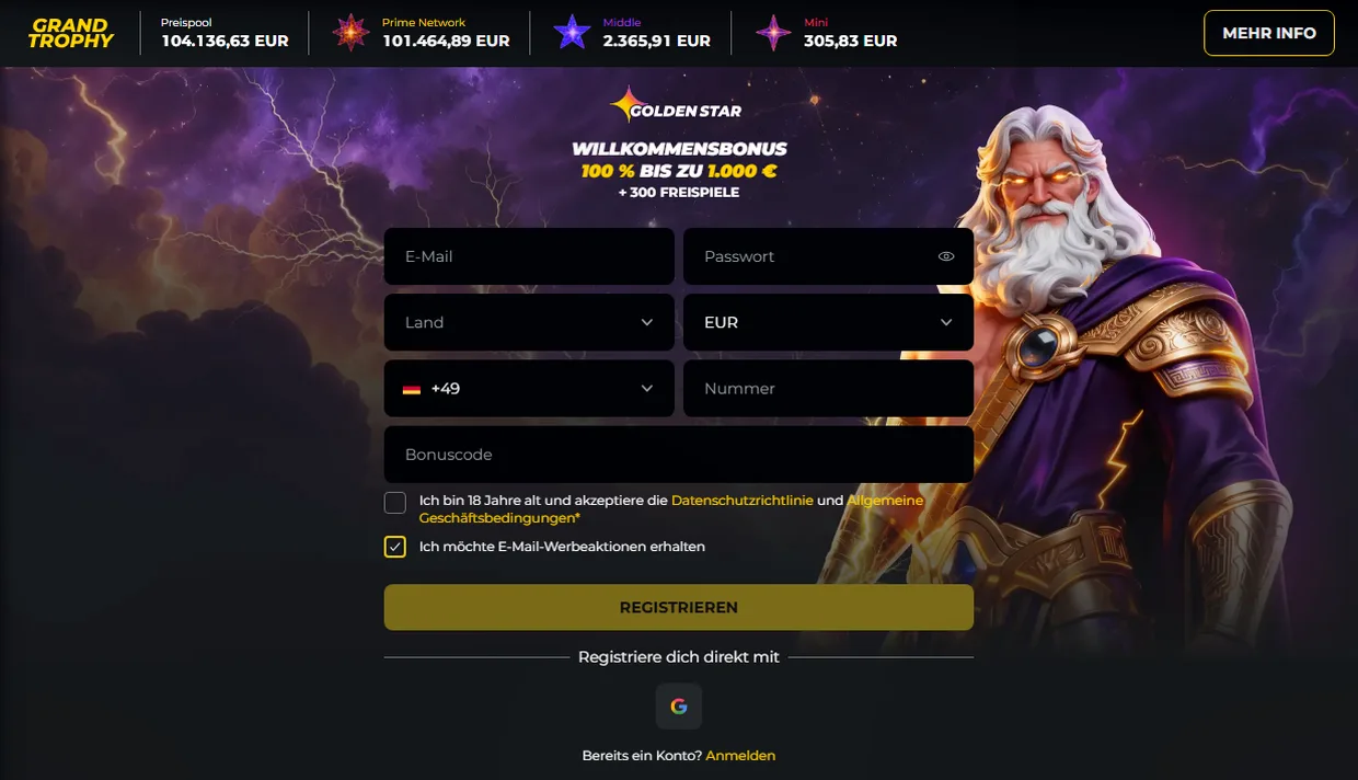 Golden Star Casino — 100 % BIS ZU 1.000 € + 300 FREISPIELE